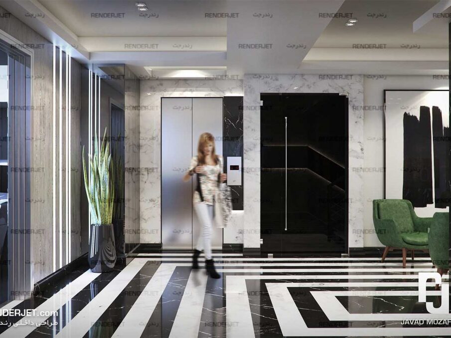 Renderjet Dot Com Design By Javad Mozaffari MINA Boulevard Interor Design Lobby 02 1024x679 طراحی لابی ساختمان مسکونی بلوار مینا تهران