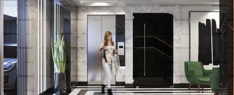 Renderjet Dot Com Design By Javad Mozaffari MINA Boulevard Interor Design Lobby 02 1024x679 طراحی لابی ساختمان مسکونی بلوار مینا تهران