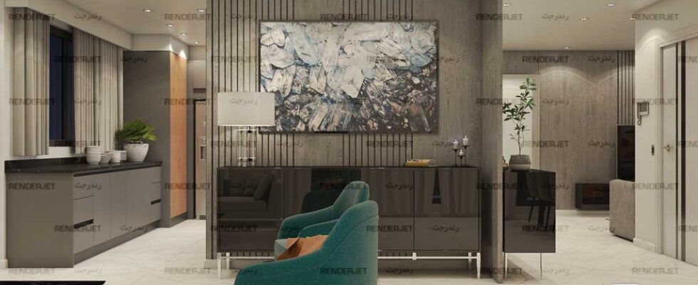 Renderjet Dot Com Design By Javad Mozaffari MINA Boulevard Interor Design Salon 04 1024x679 طراحی اتاق نشیمن مسکونی بلوار مینا تهران